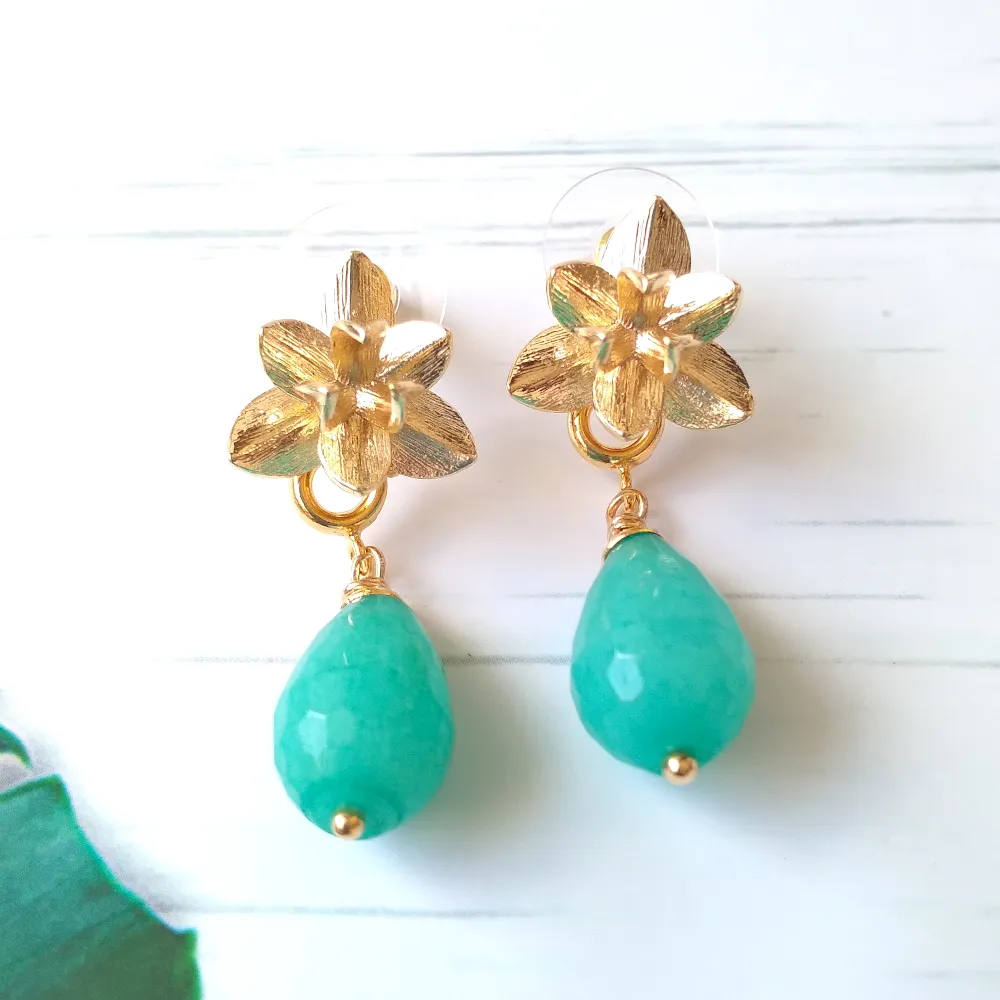 Lotus Bloom Brass Studs with Gem Dangles