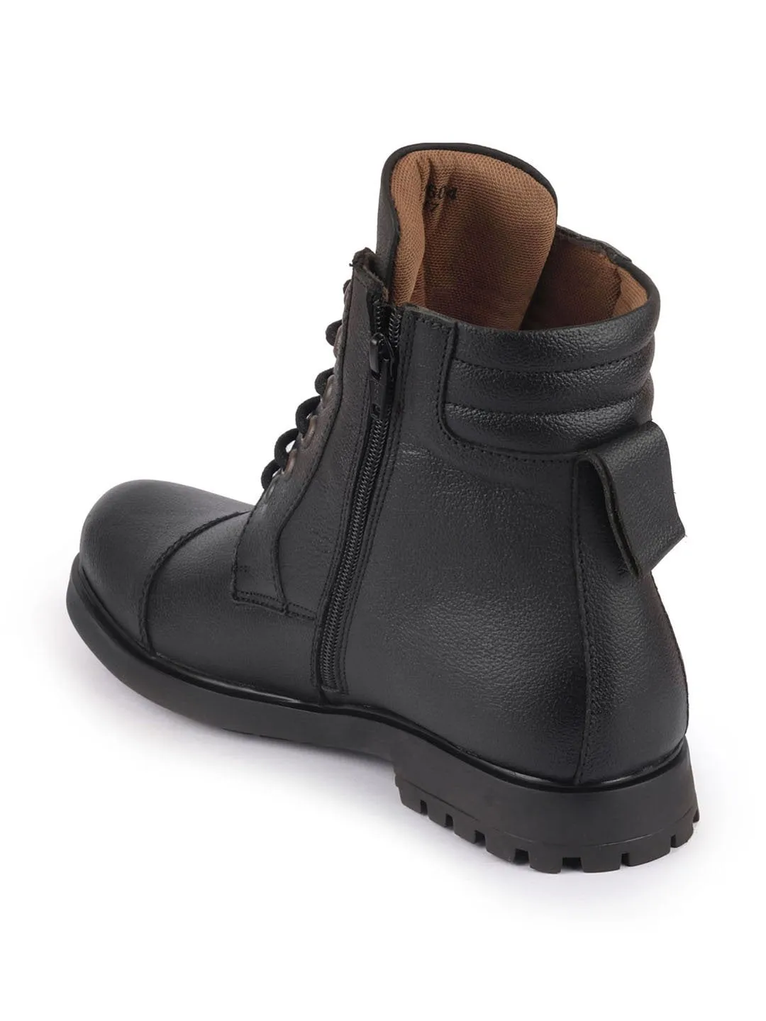 Men Black Leather Lace Up High Top Boots