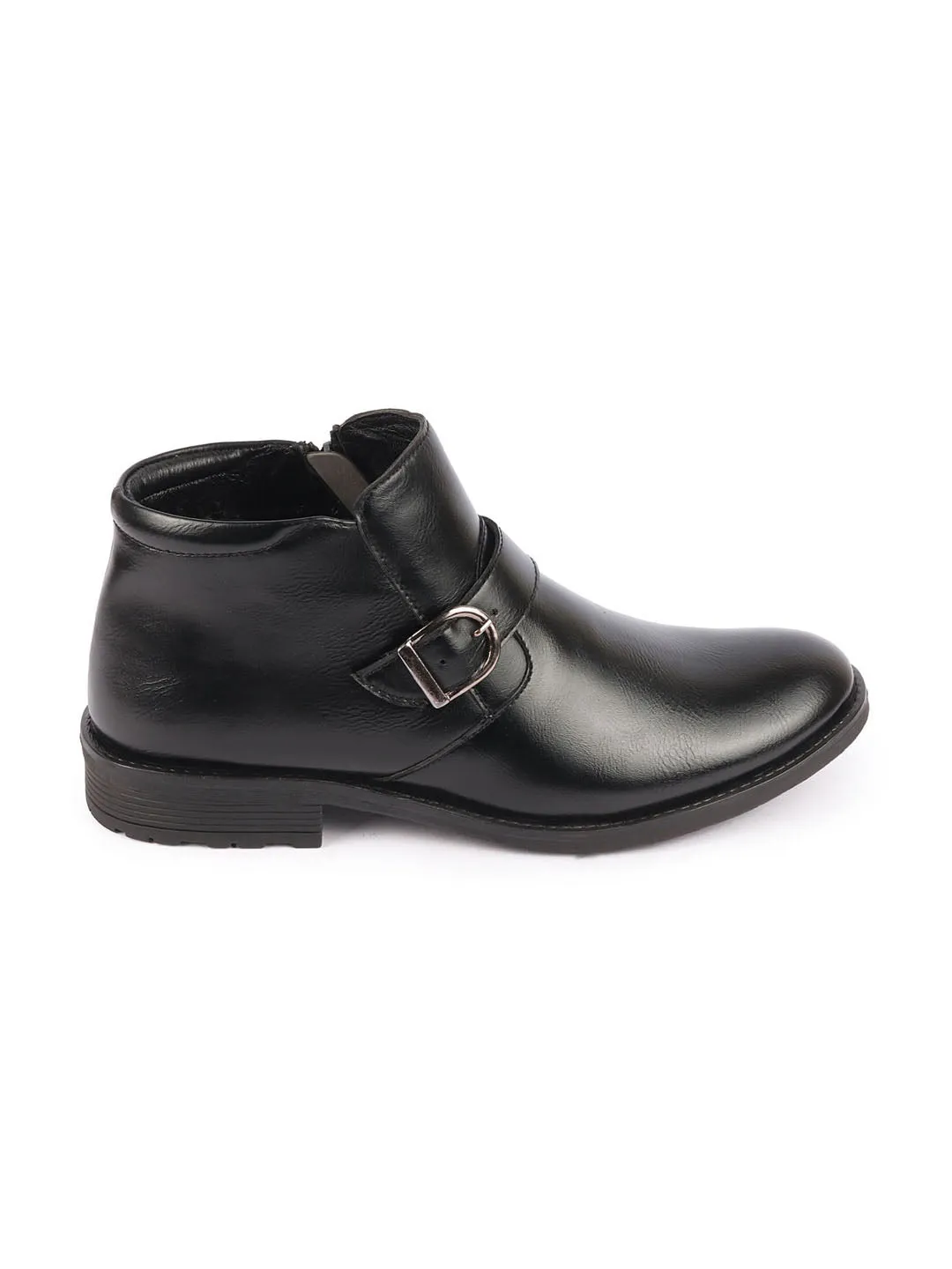 Men Black Mid Top Buckle Side Zipper Single Strap Monk Boots