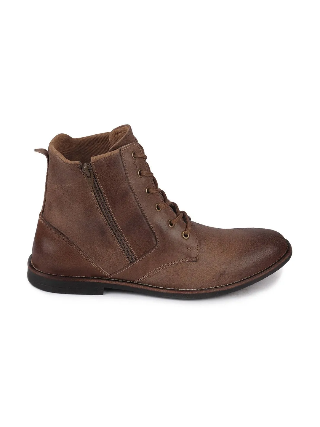 Men Brown High Ankle Lace Up Leather Zipper Boots