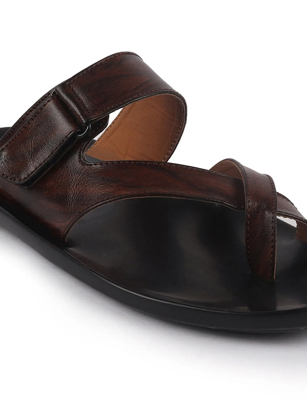 Men Brown Hook & Loop Criss Cross Toe Ring Slipper