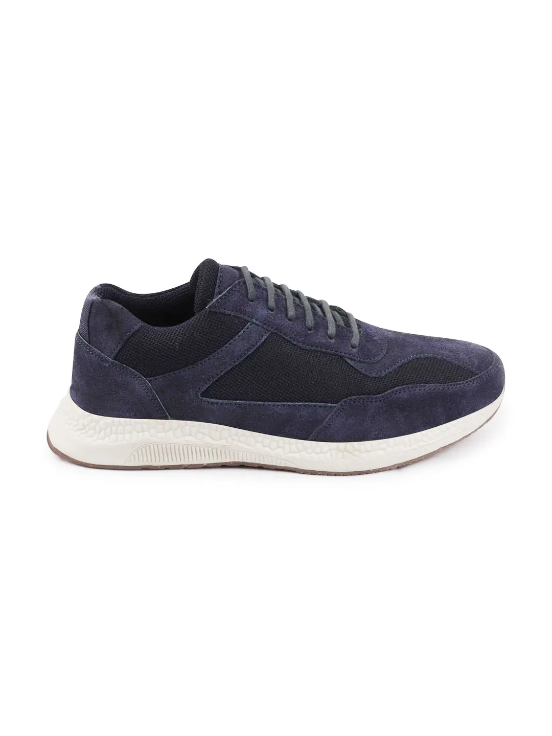 Men Navy Blue Suede Leather Lace Up Casual Sneaker Shoes