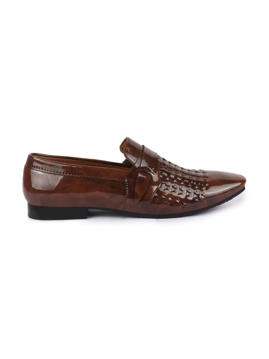 Men Tan Casual Patent Leather Slip-On Shoes