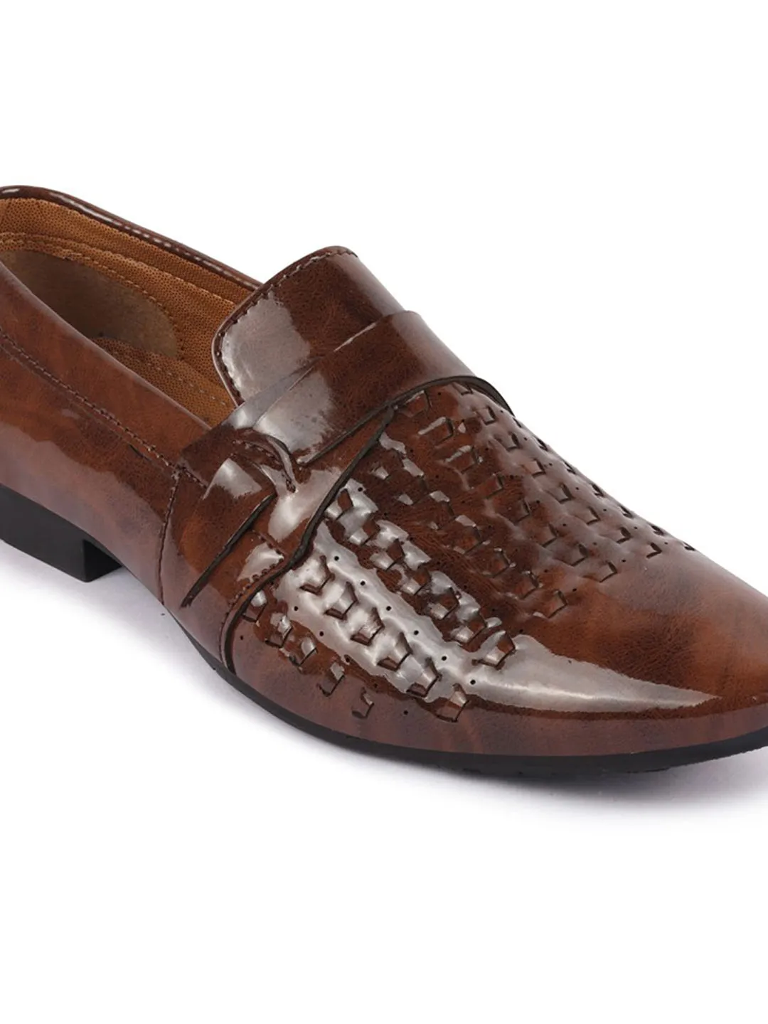 Men Tan Casual Patent Leather Slip-On Shoes