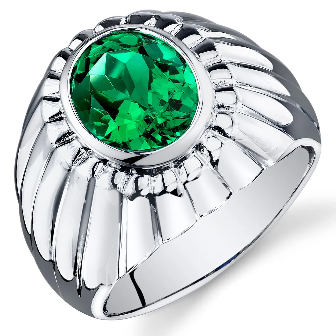 Mens Emerald Bezel Sterling Silver Ring 3.75 Carats Size 10