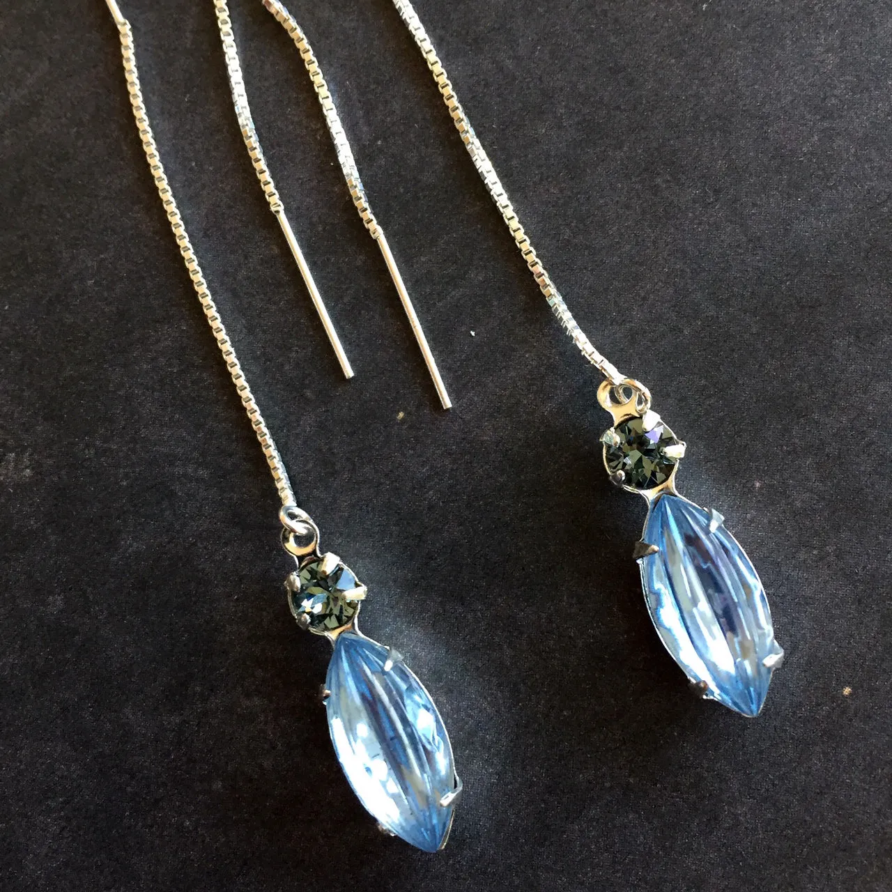 Modern Vintage Swarovski Crystal Threader Earrings, Tanzanite Blue