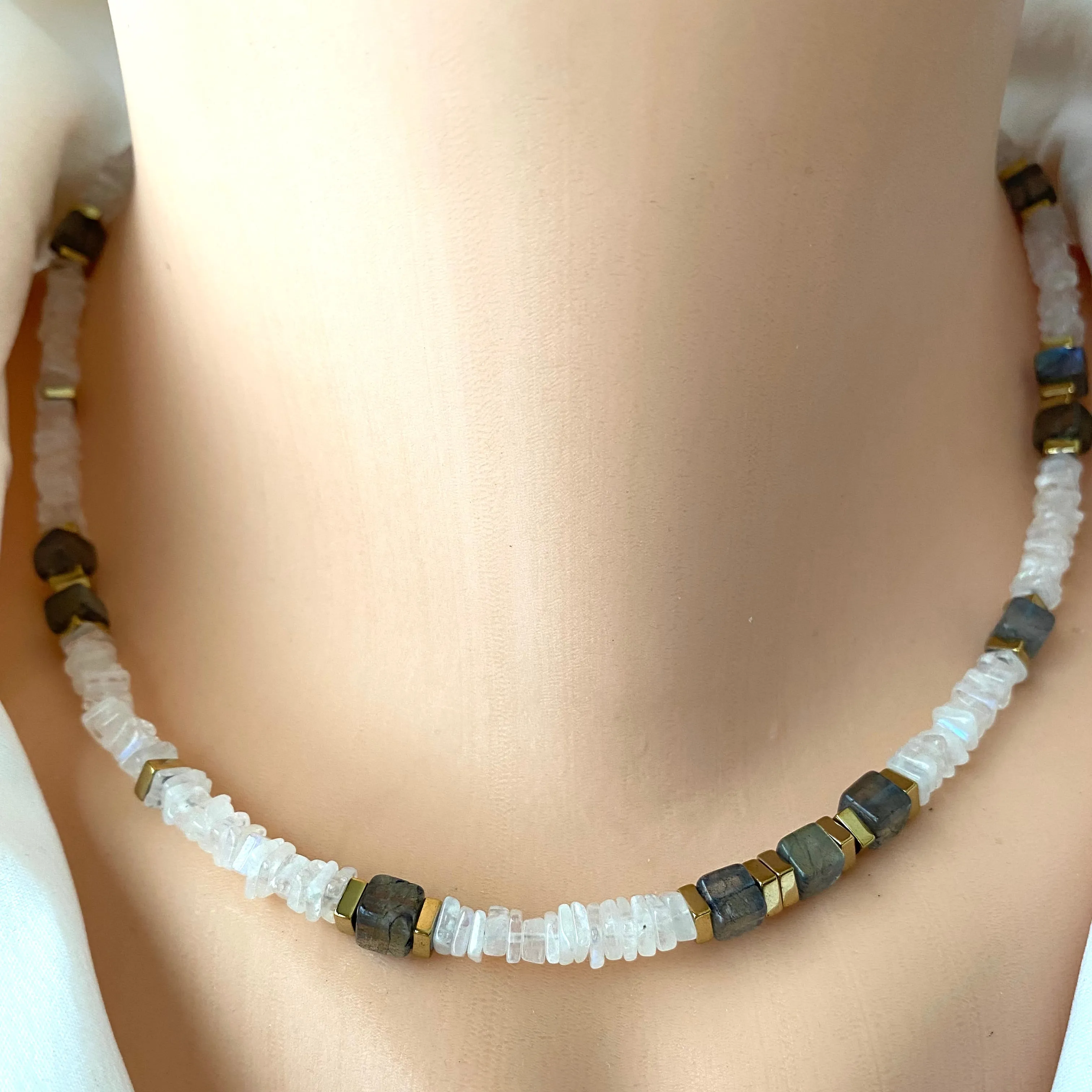 Moonstone & Labradorite Necklace, Gold Plated Magnetic Clasp, 17in