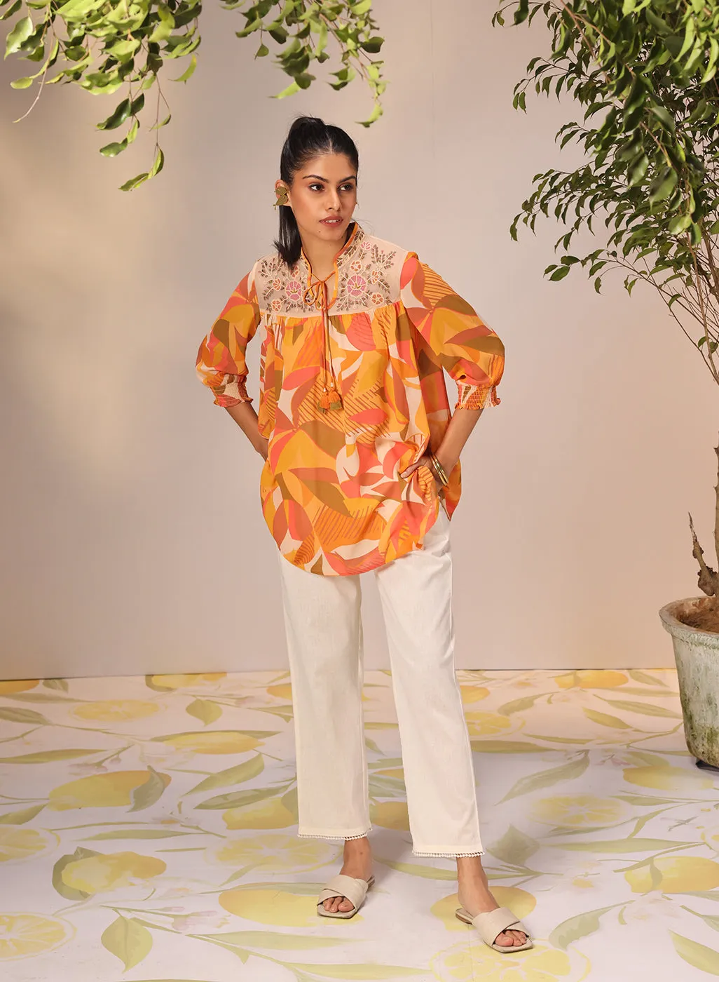 Naina Multicolour Yellow Printed Top for Women