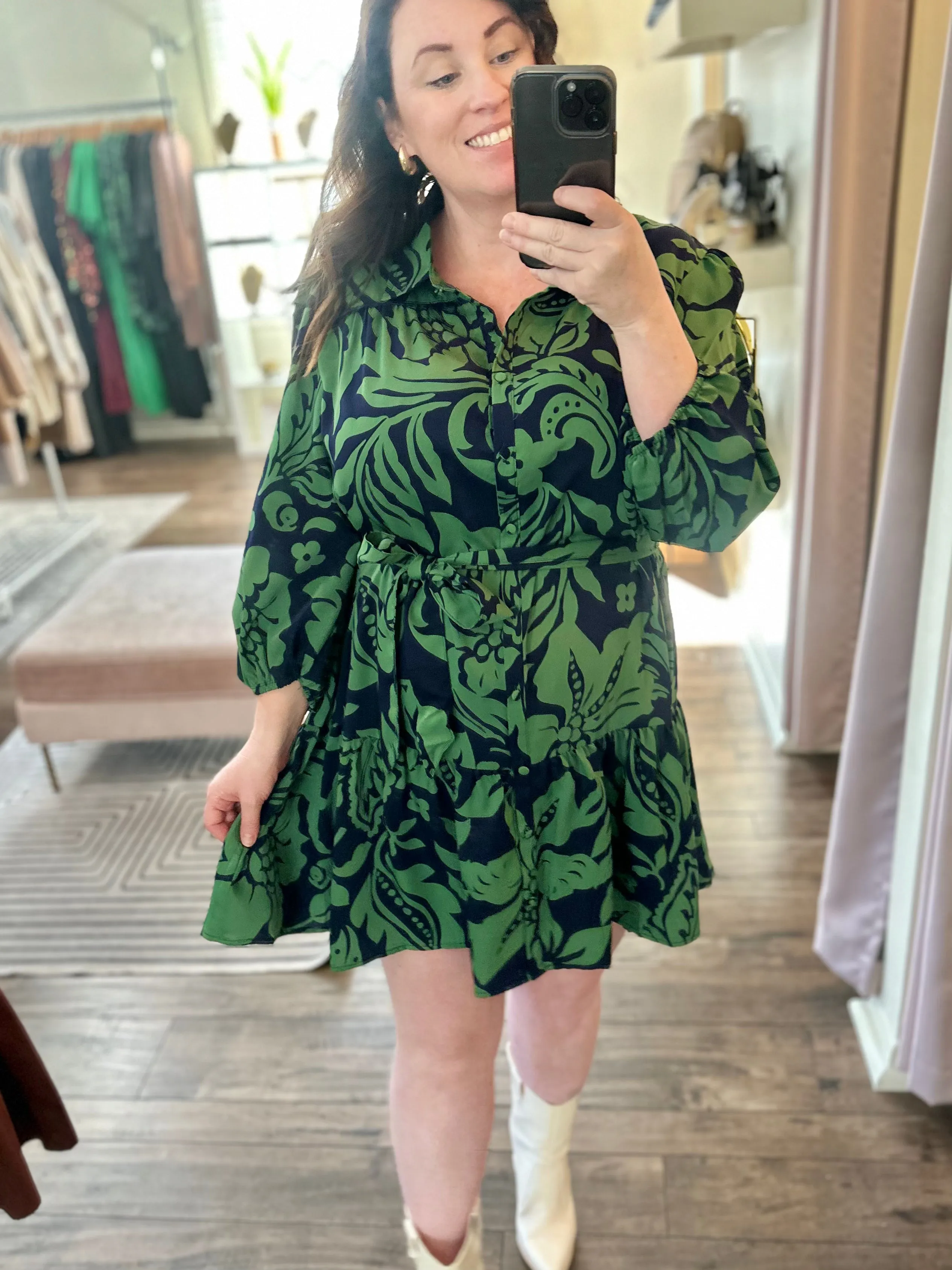 Navy and Green Floral Dress