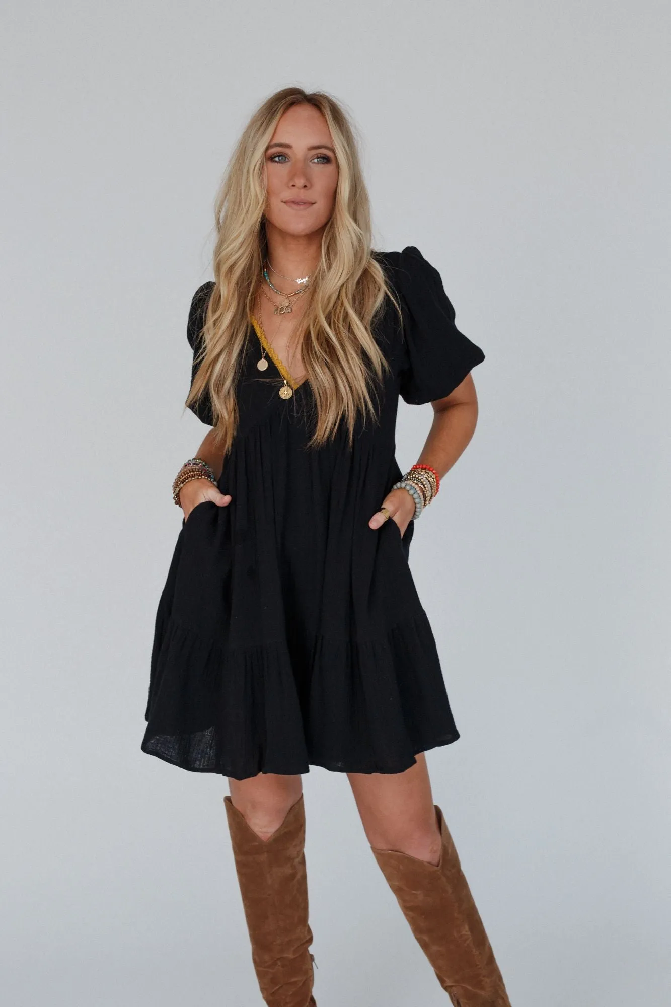 Need To Breathe Puff Sleeve Dress - Black