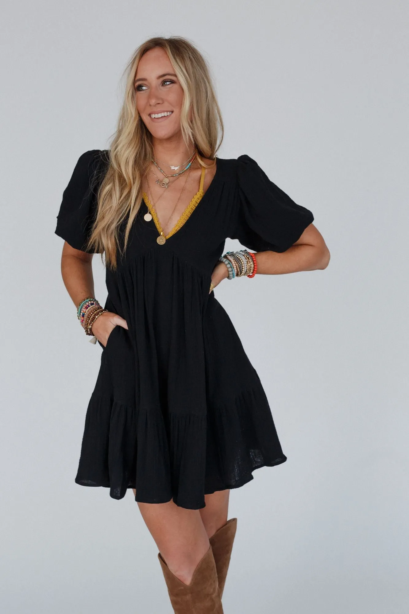 Need To Breathe Puff Sleeve Dress - Black