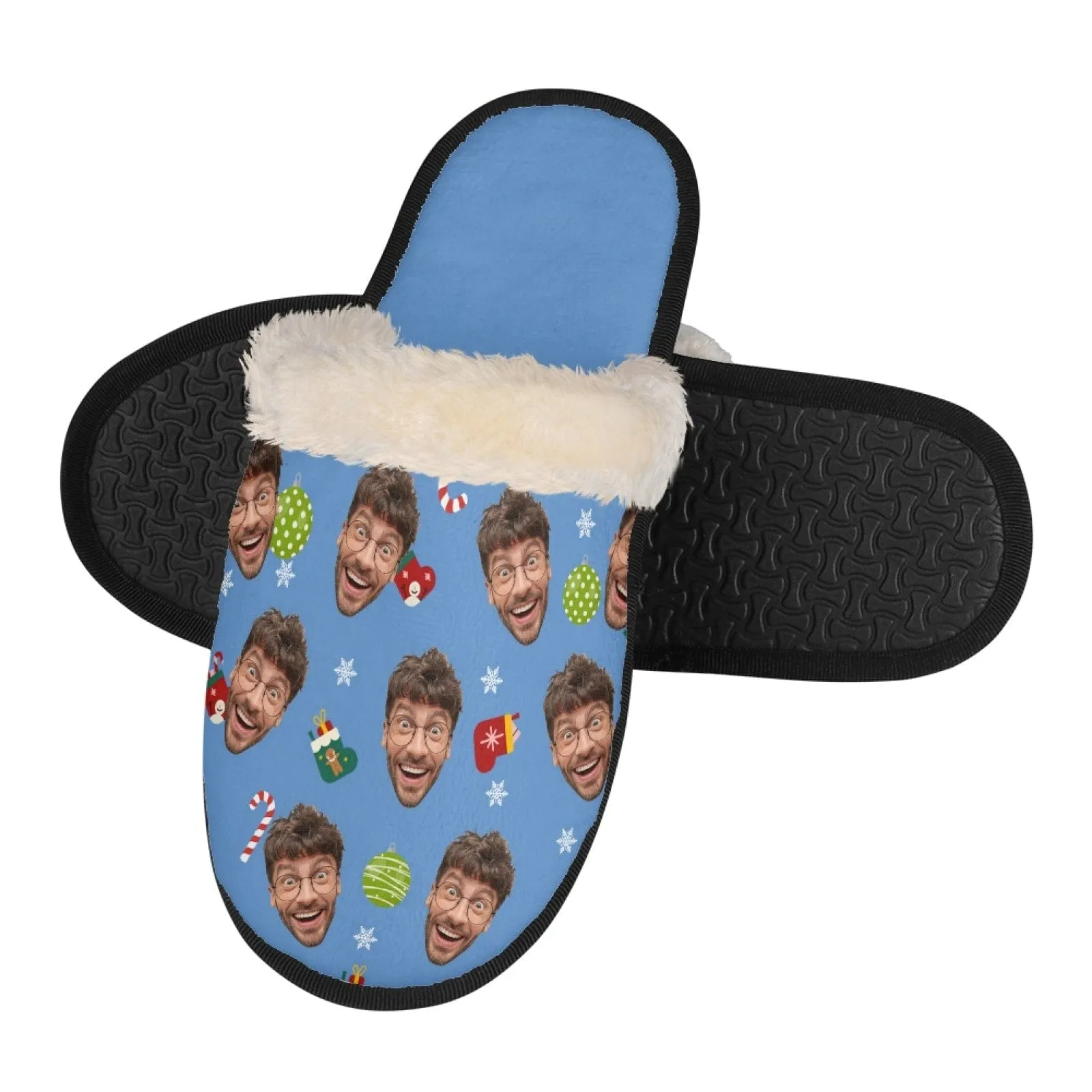 New Product Discounts-Custom Face Christmas Fuzzy Slippers for Women and Men Personalized Photo Non-Slip Slippers Indoor Warm House Shoes