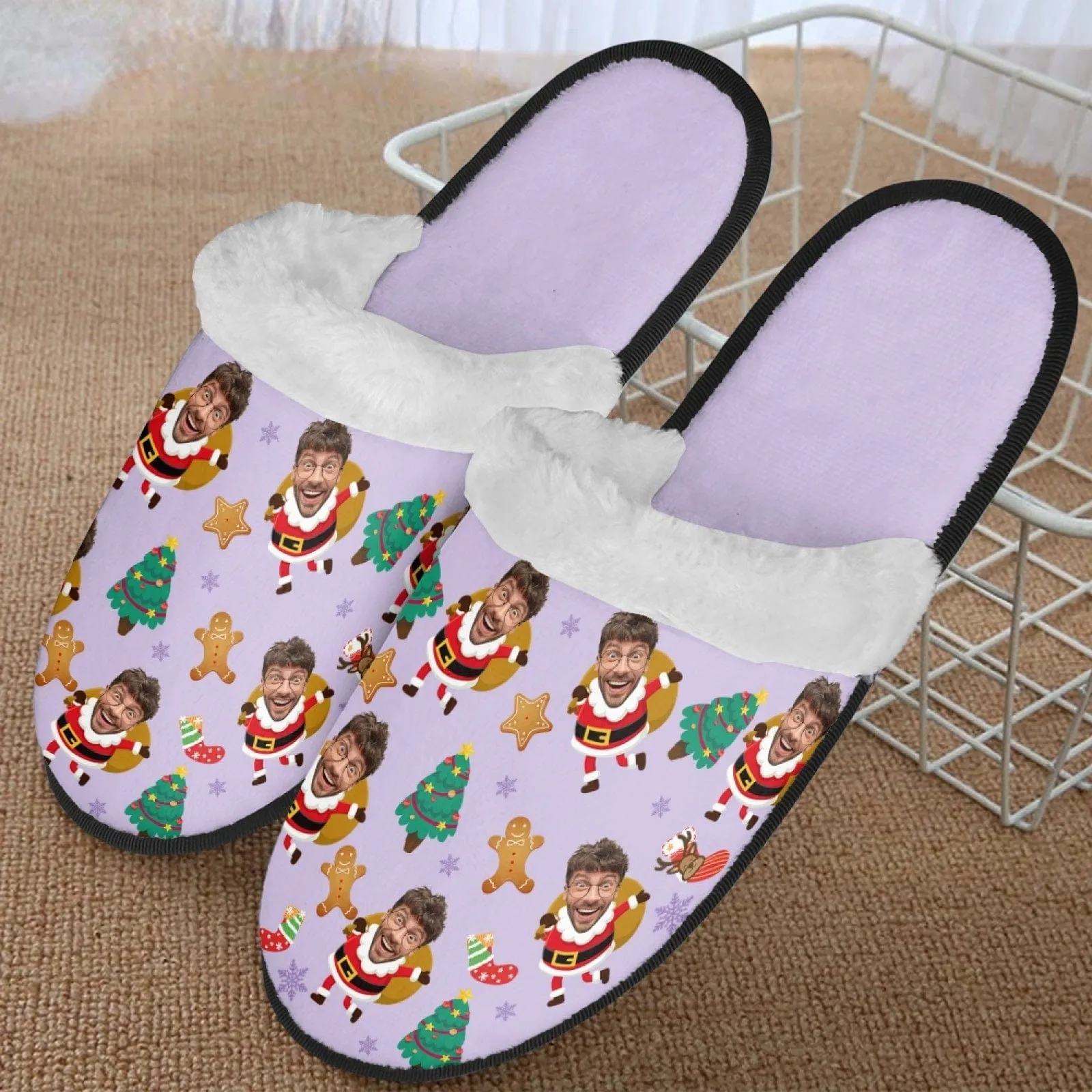 New Product Discounts-Custom Face Christmas Fuzzy Slippers for Women and Men Personalized Photo Non-Slip Slippers Indoor Warm House Shoes