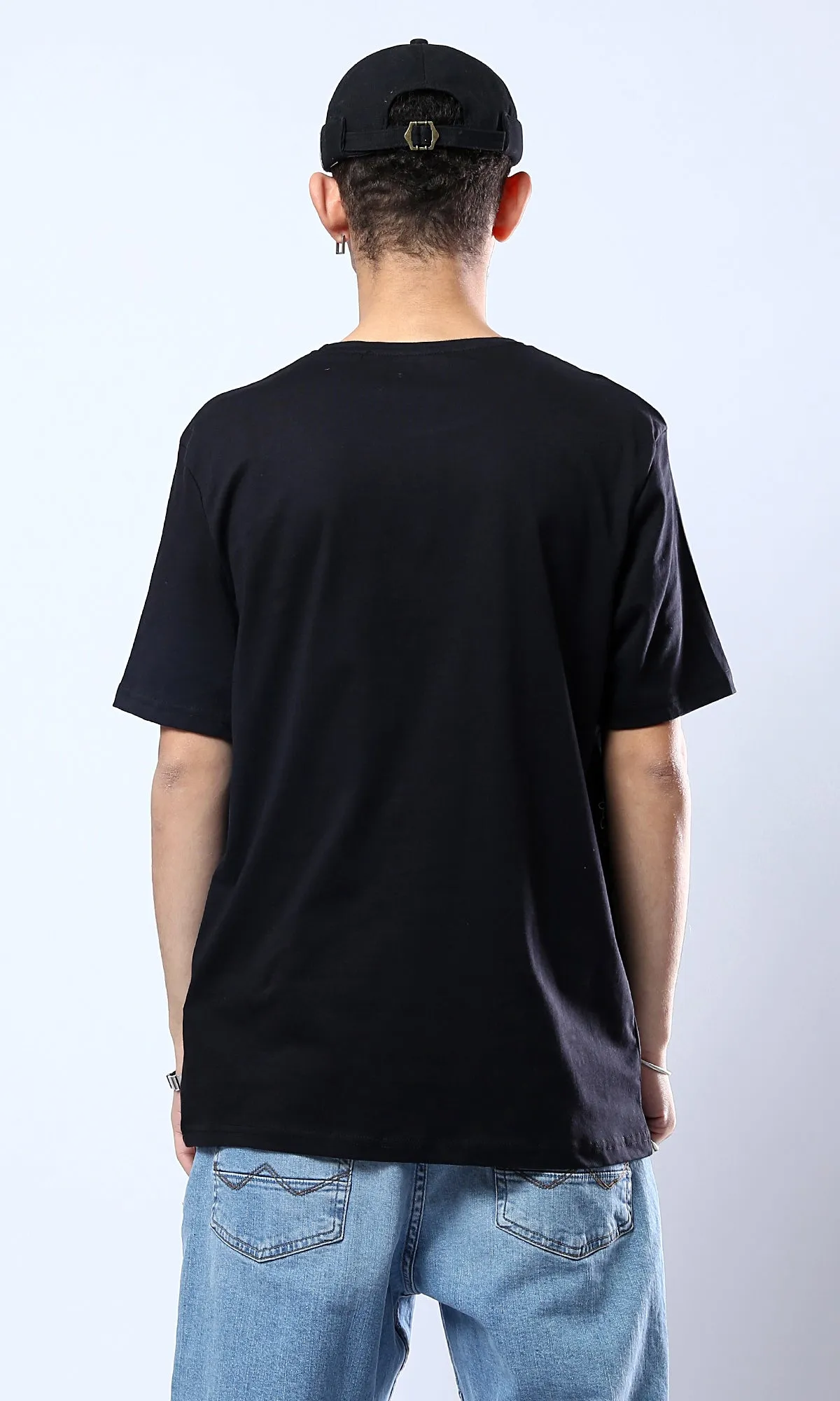 O178959 Black Crew Neck Tee With Printed Dragon