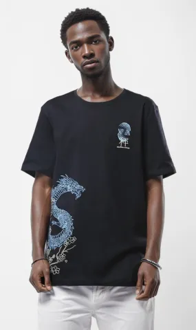 O178959 Black Crew Neck Tee With Printed Dragon