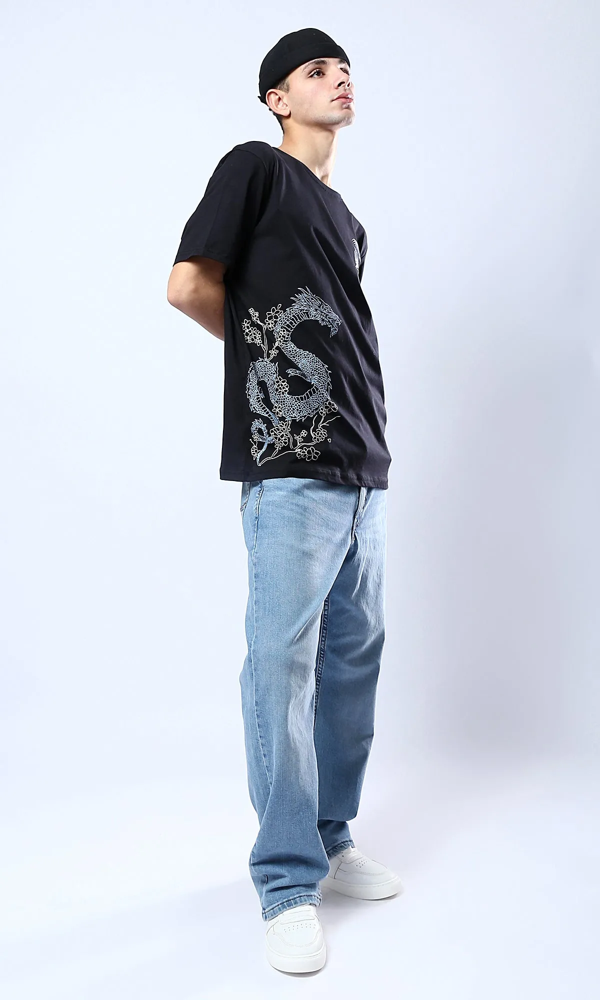 O178959 Black Crew Neck Tee With Printed Dragon