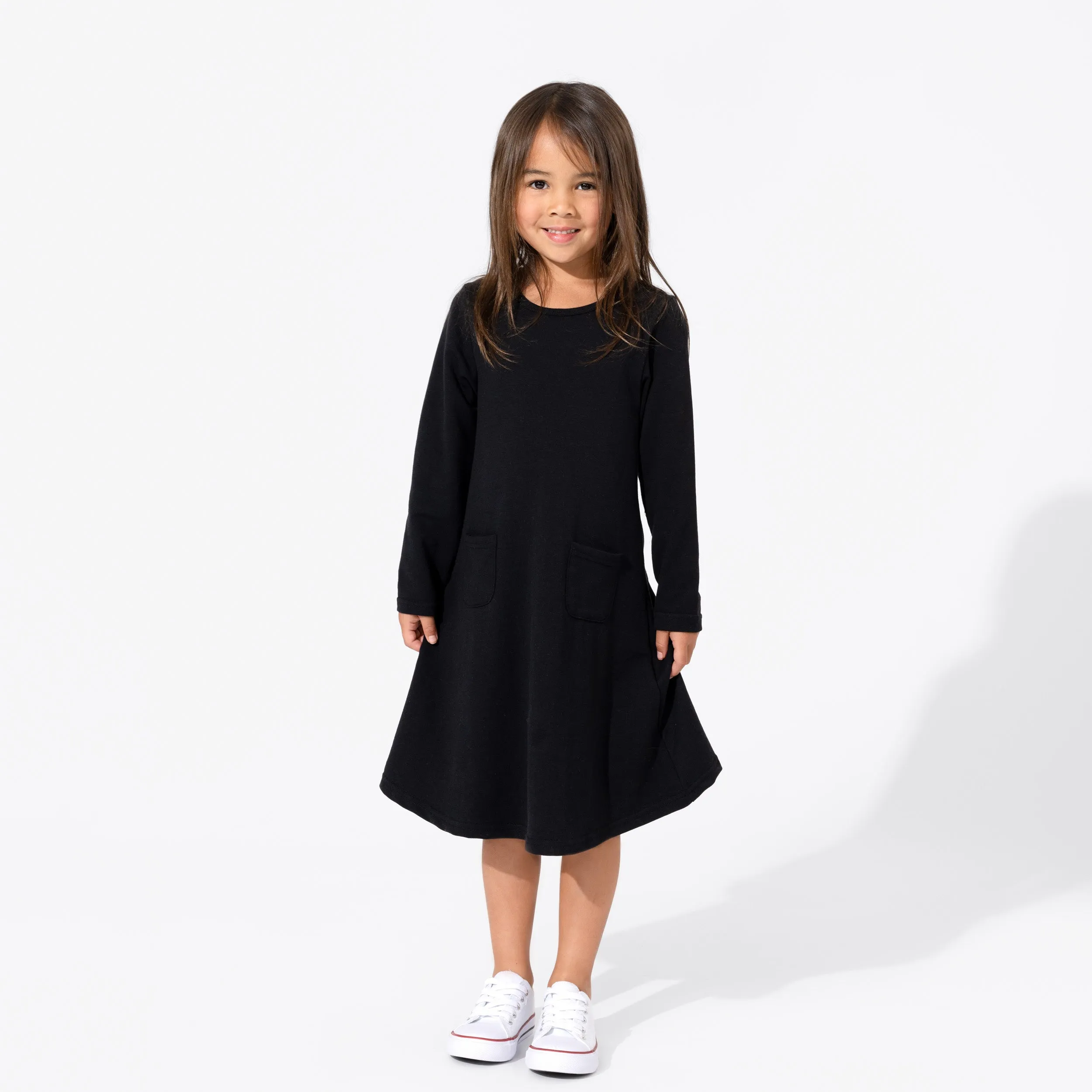 Obsidian Black Bamboo Terry Daywear Girls' Long Sleeve Dress