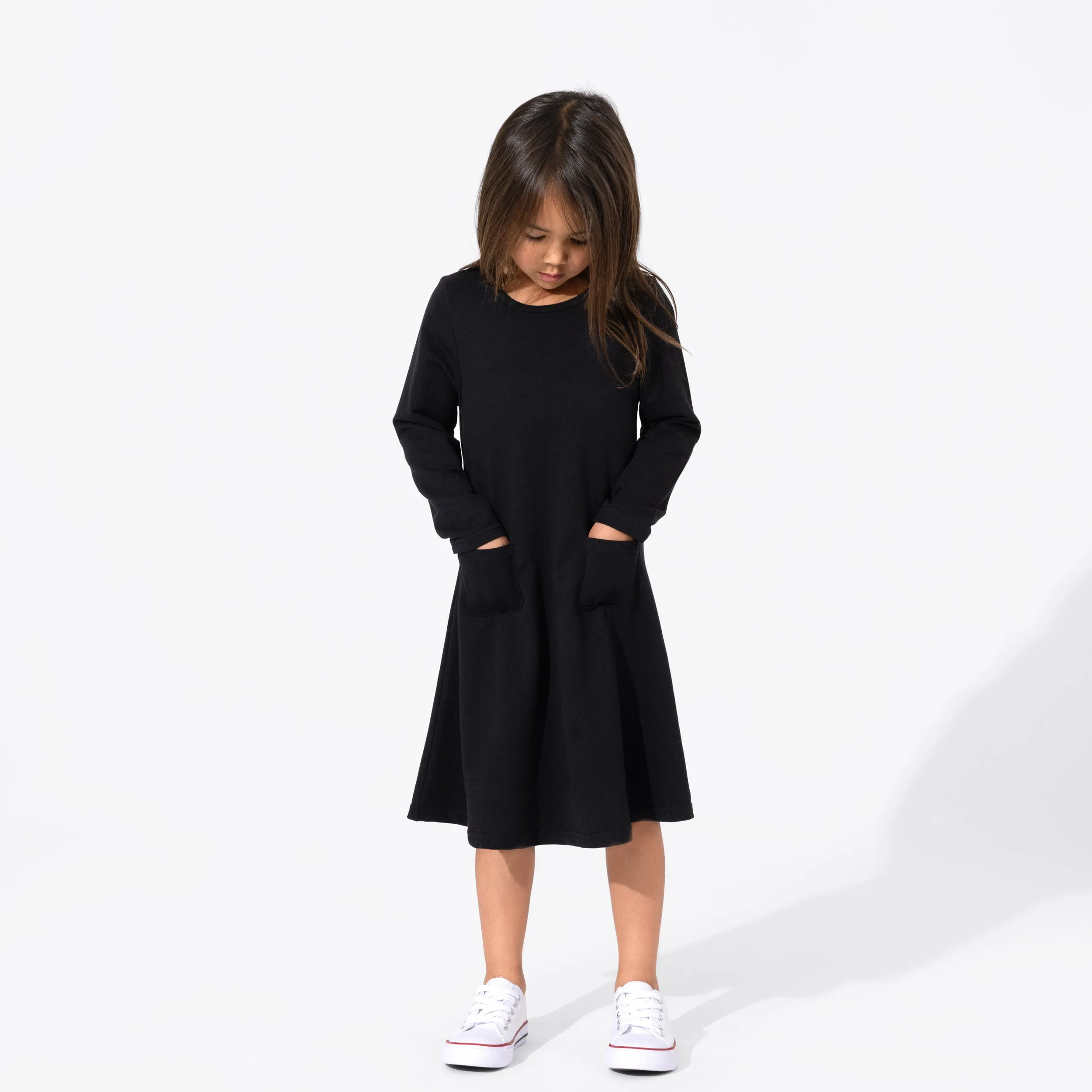 Obsidian Black Bamboo Terry Daywear Girls' Long Sleeve Dress