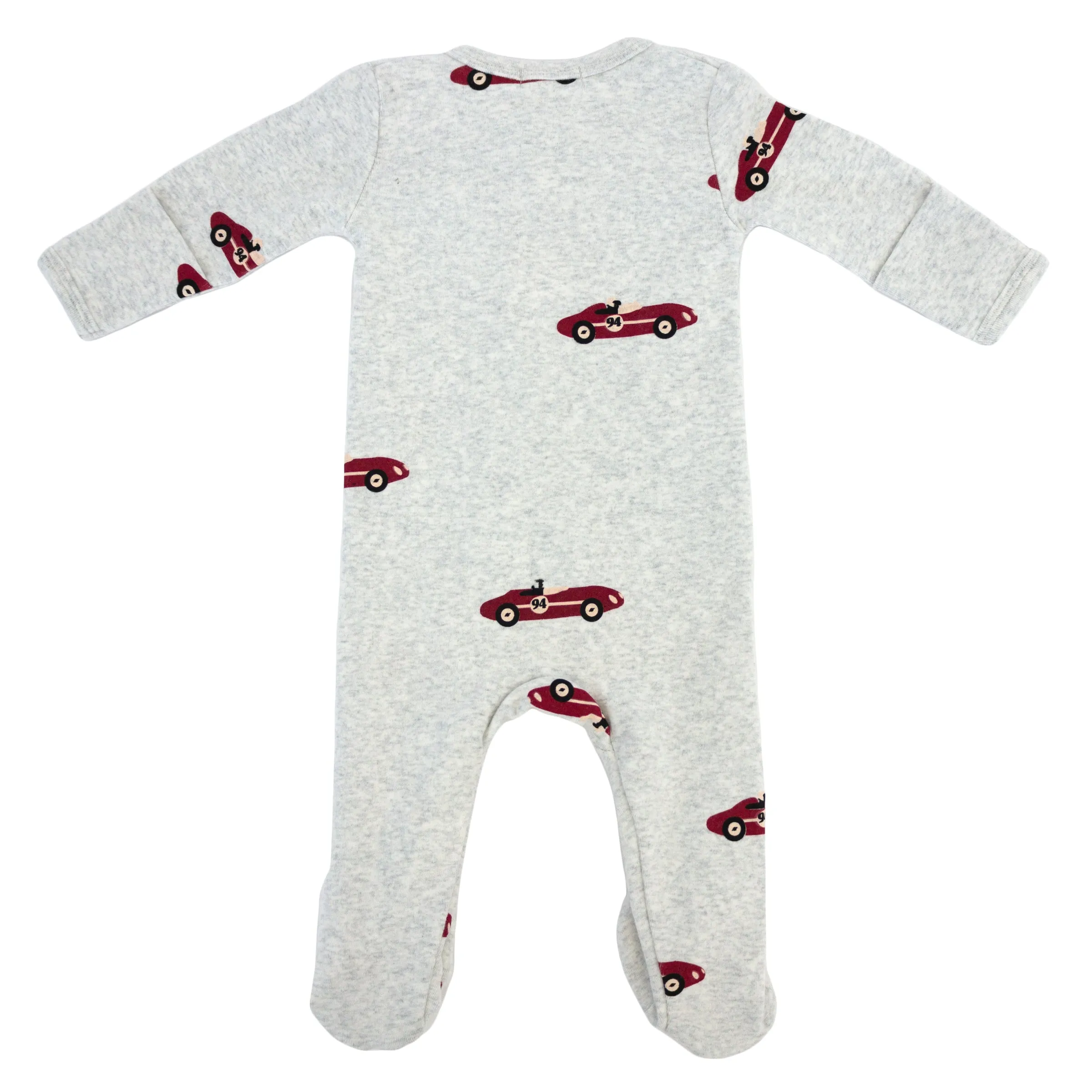 oh baby! Cotton Baby Rib Zipper Footie - Racecar Print - Heather Gray