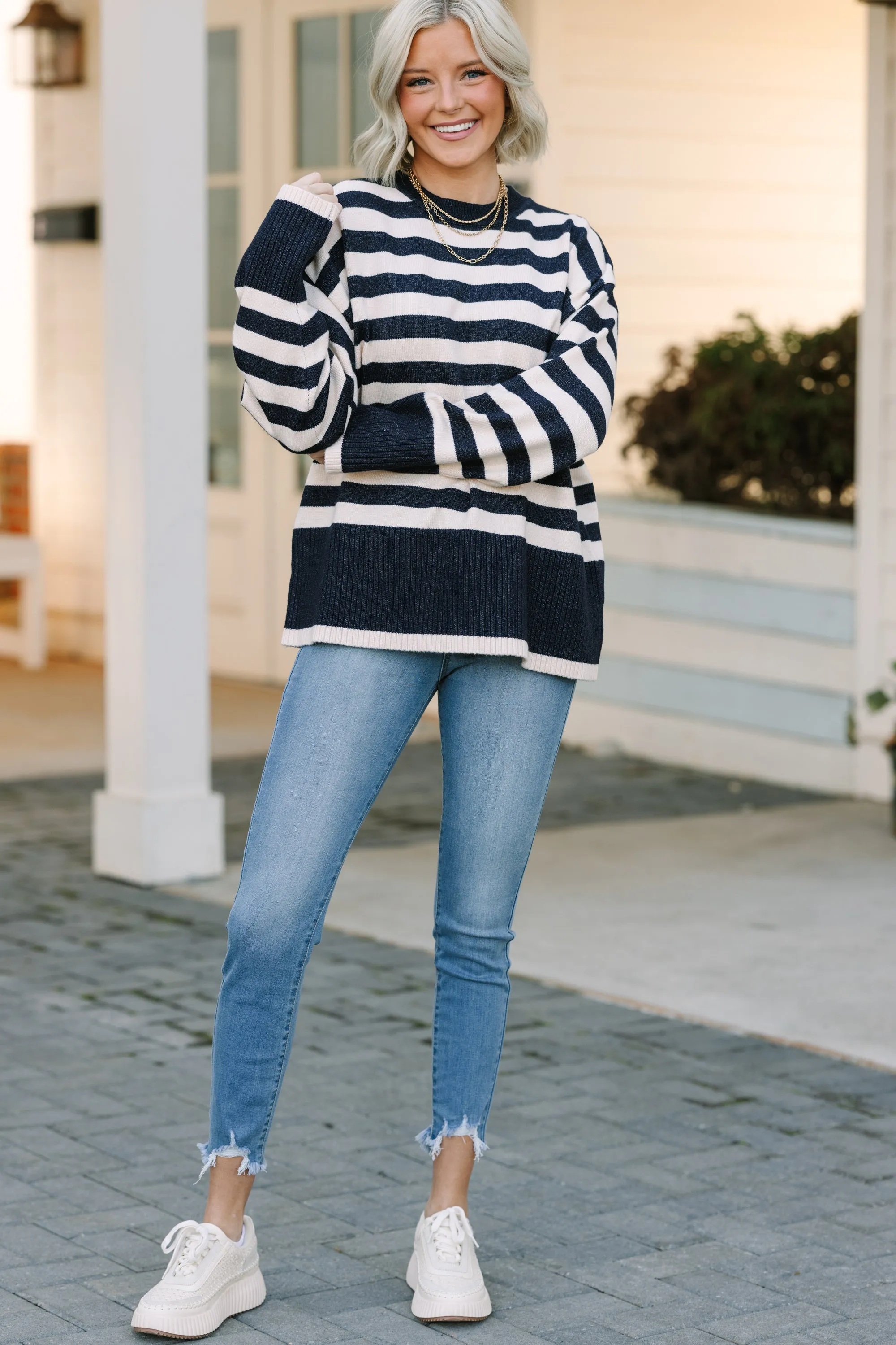 On The Way Up Navy Blue Striped Sweater