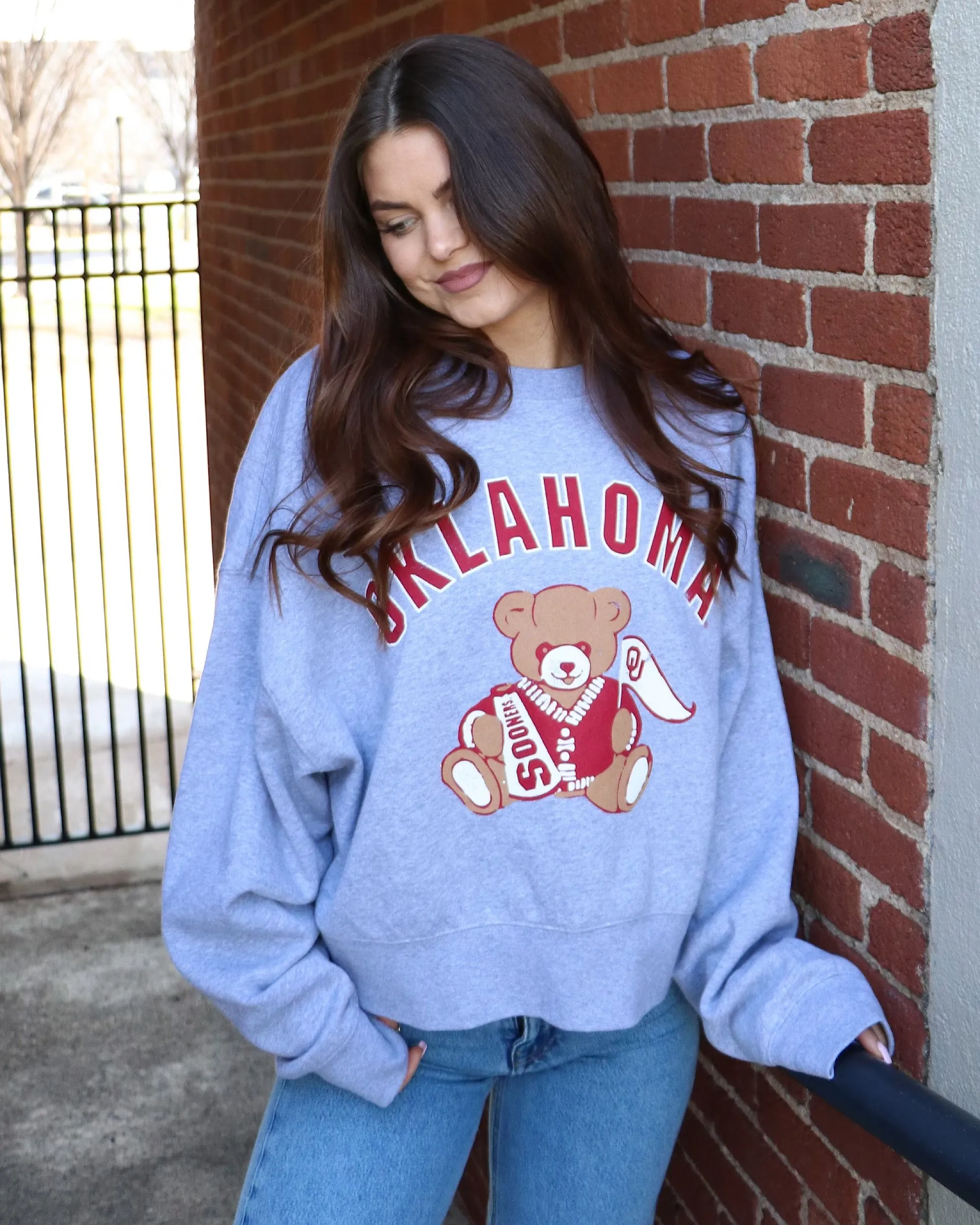 OU Bear Gray Oversized Crew Sweatshirt