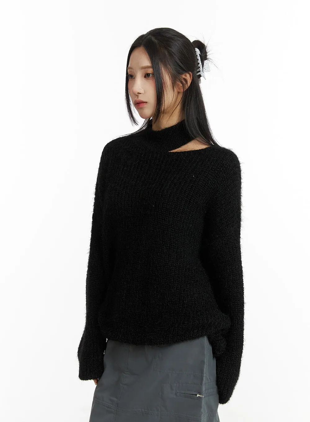 Oversized Asymmetrical Neck Knit Sweater CJ417