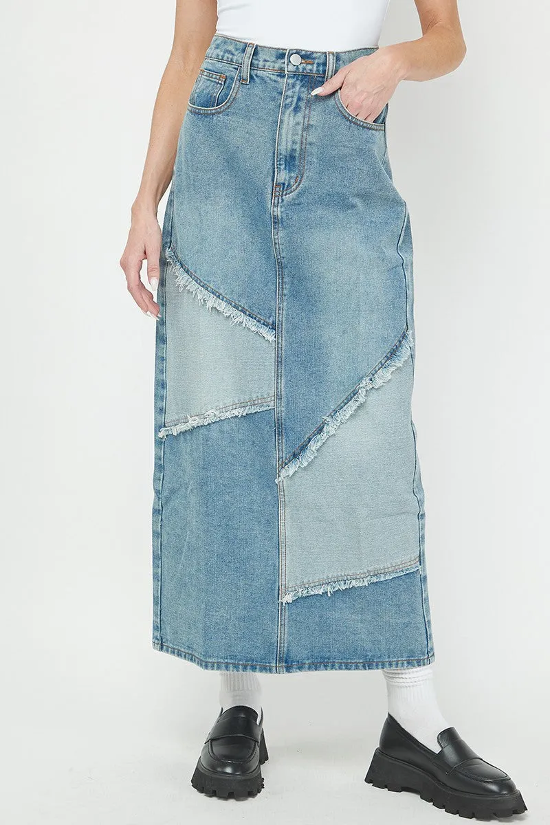 Patchwork Denim Maxi Skirt