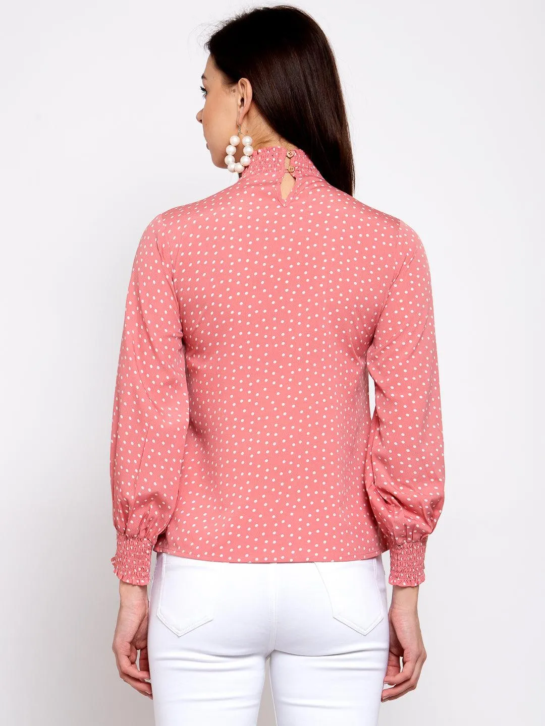 Pink & White Printed Puff Sleeves Crepe Top