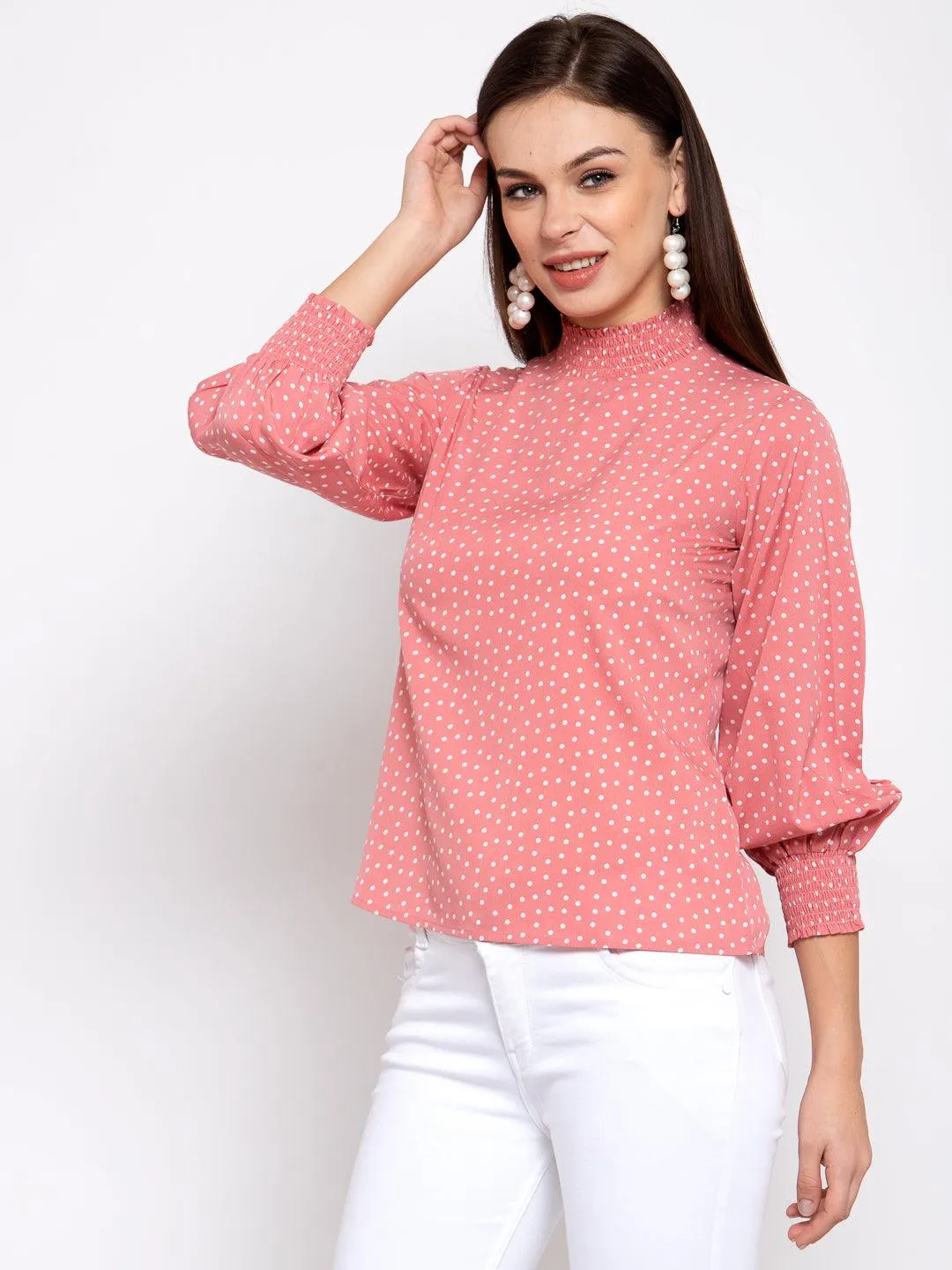 Pink & White Printed Puff Sleeves Crepe Top