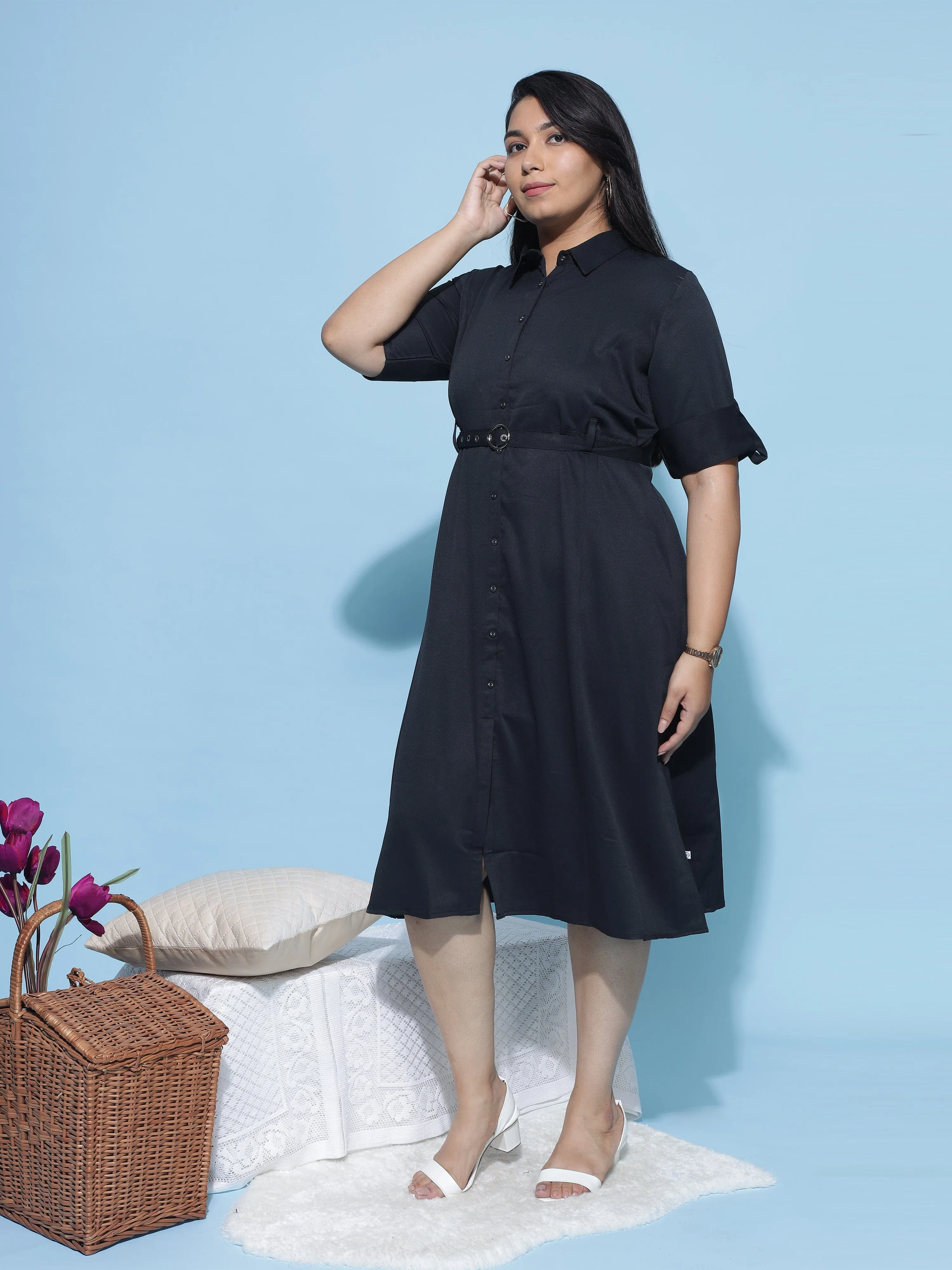 Polyester Collared Neck Dress Charcoal Black