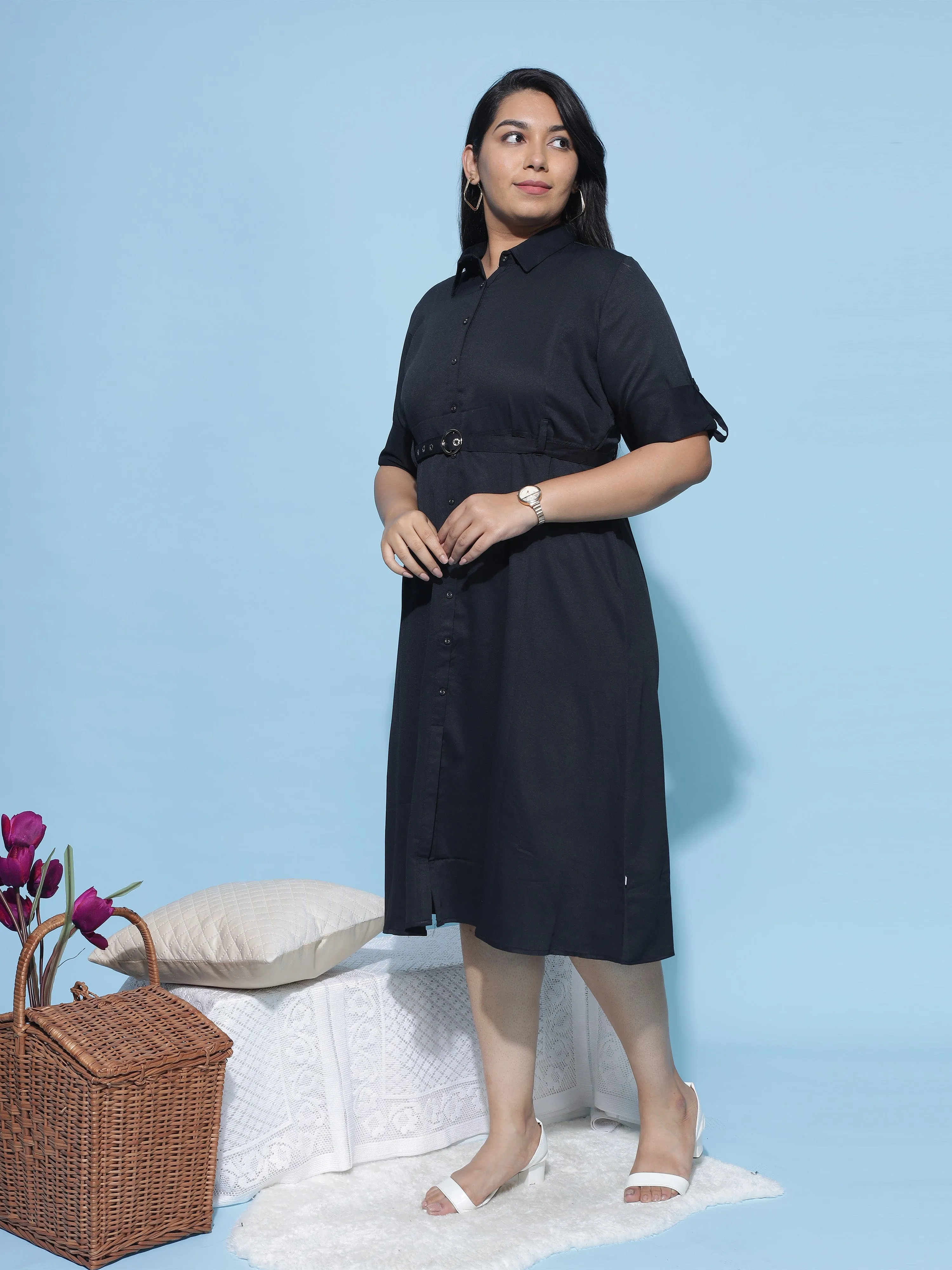 Polyester Collared Neck Dress Charcoal Black