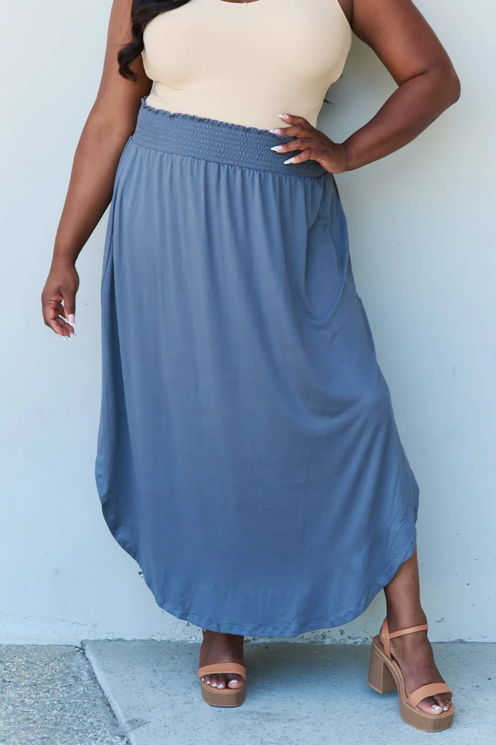 Princess Full Size High Waist Scoop Hem Maxi Skirt in Dusty Blue