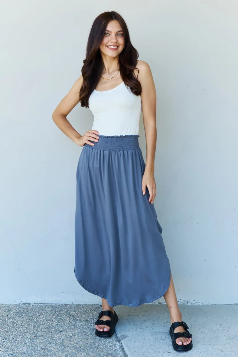 Princess Full Size High Waist Scoop Hem Maxi Skirt in Dusty Blue