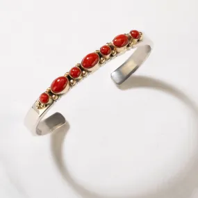 Ray Bennett Navajo 14K Gold and Red Coral USA Native American Made 925 Sterling Silver Cuff