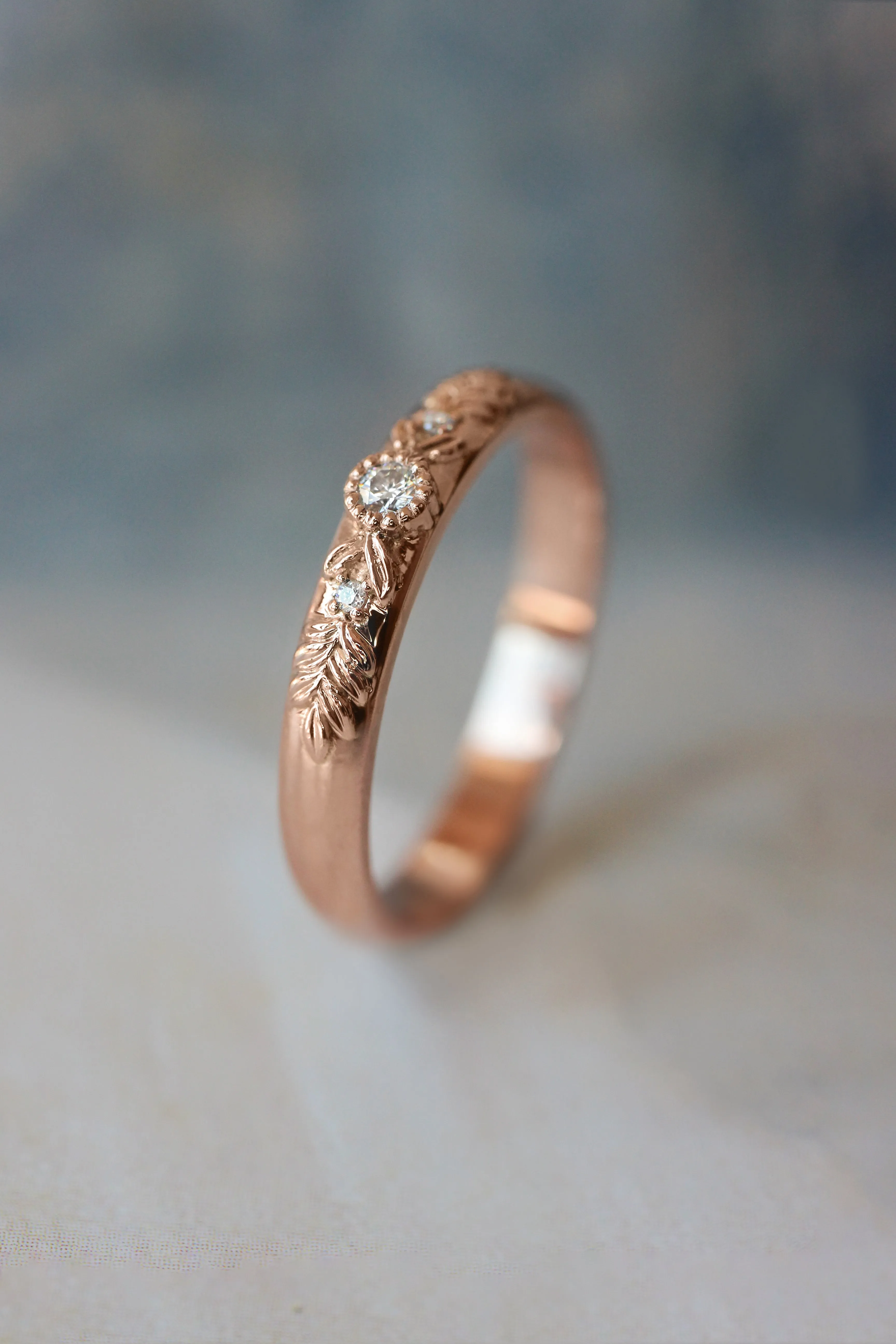 READY TO SHIP: Wedding band in 14K rose gold, moissanites, RING SIZE 6.75 US