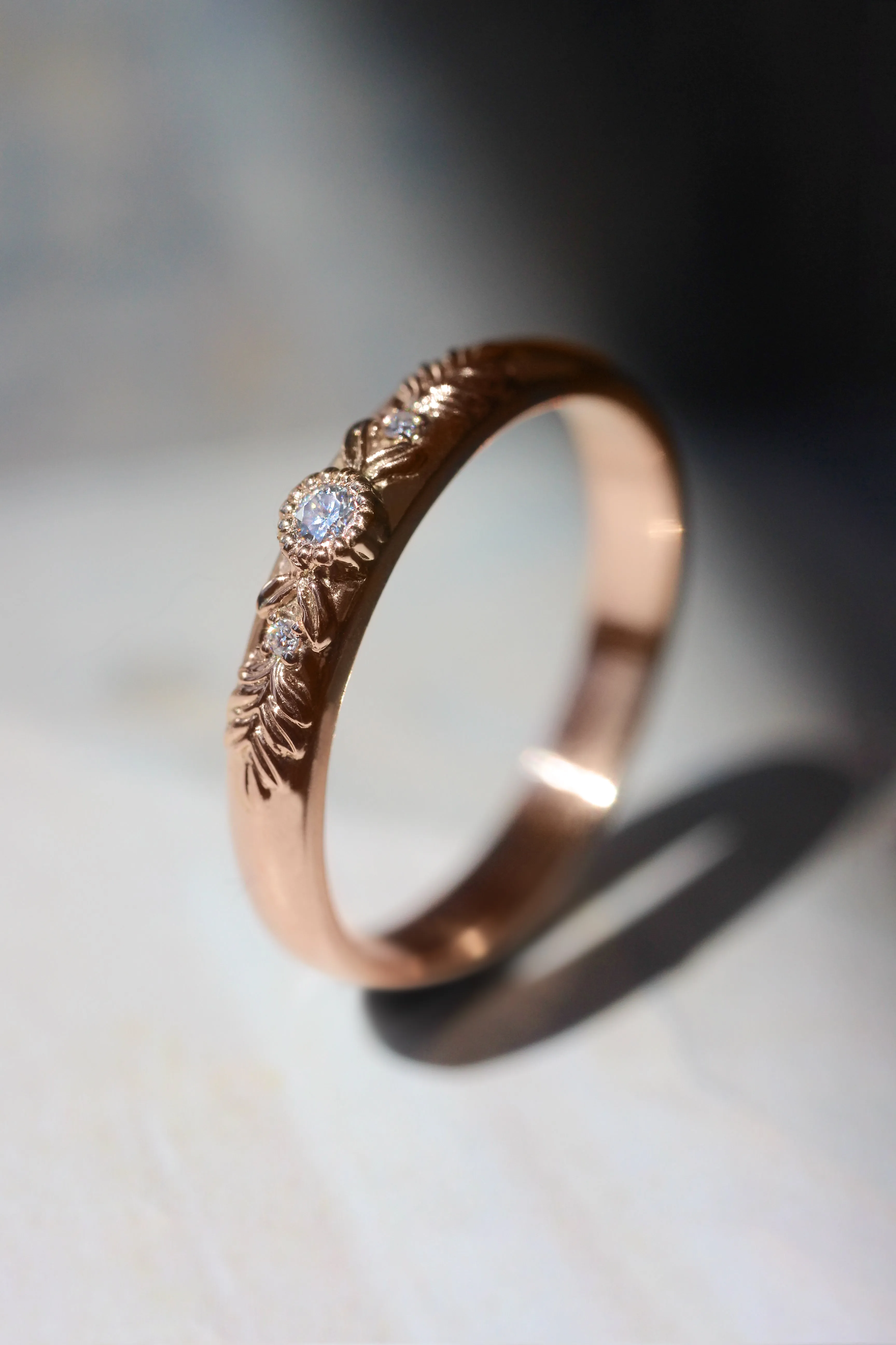 READY TO SHIP: Wedding band in 14K rose gold, moissanites, RING SIZE 6.75 US