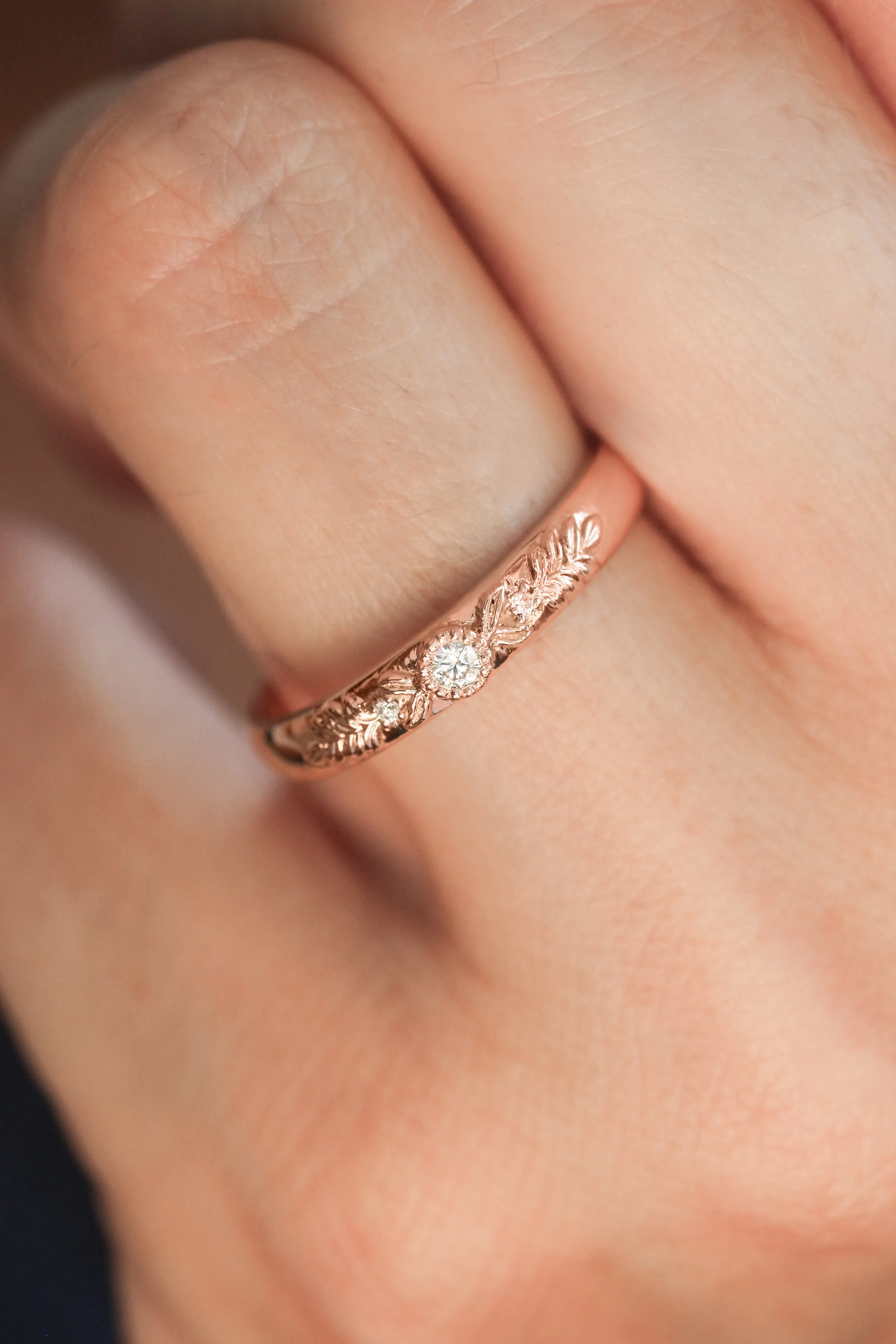 READY TO SHIP: Wedding band in 14K rose gold, moissanites, RING SIZE 6.75 US