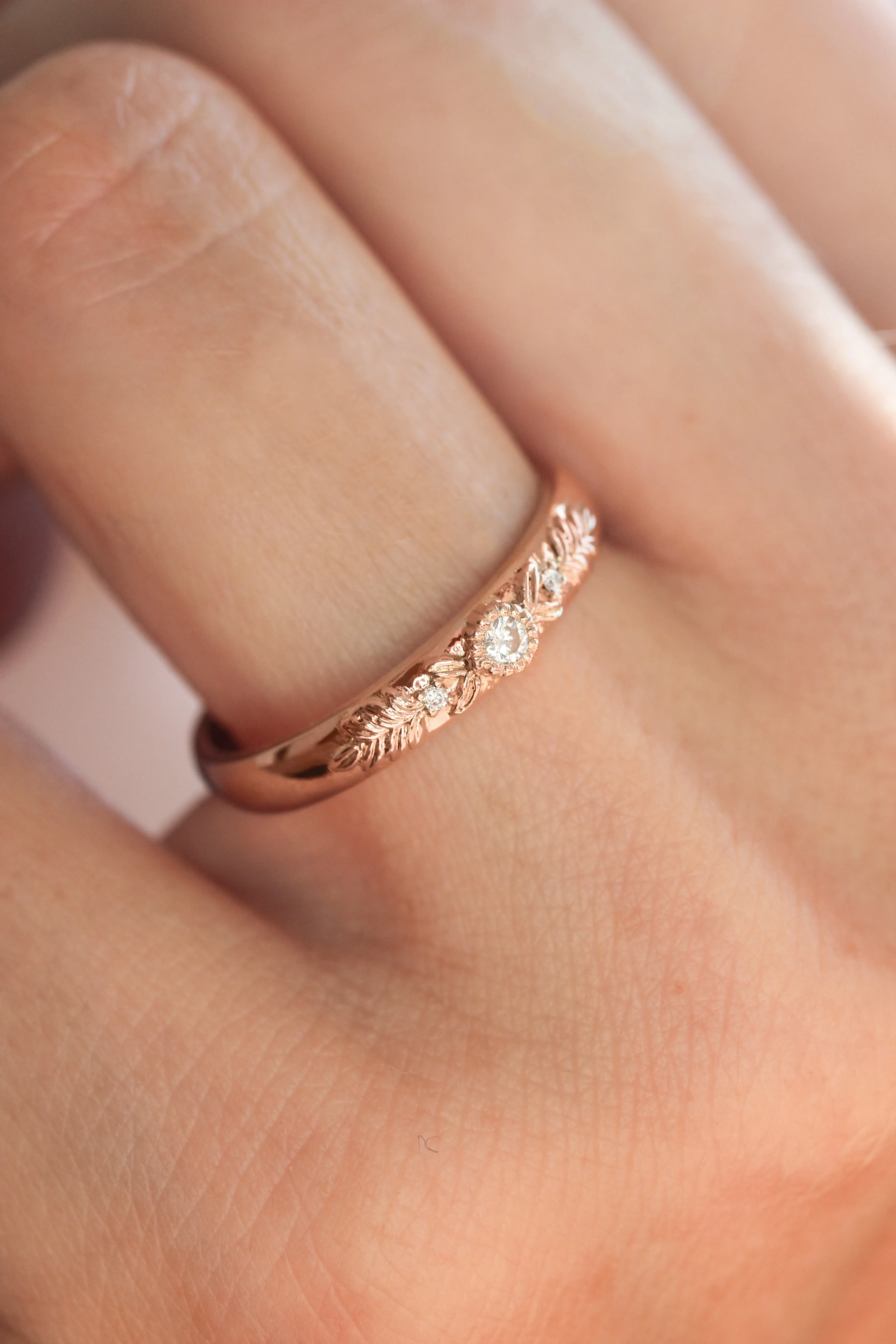 READY TO SHIP: Wedding band in 14K rose gold, moissanites, RING SIZE 6.75 US