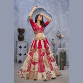 Regal Elegance: The Red and White Masterpiece Lehenga with Paisley Motifs and Sheer Pink Dupatta | Ready To Wear |