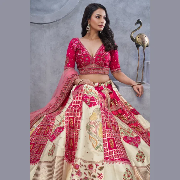 Regal Elegance: The Red and White Masterpiece Lehenga with Paisley Motifs and Sheer Pink Dupatta | Ready To Wear |