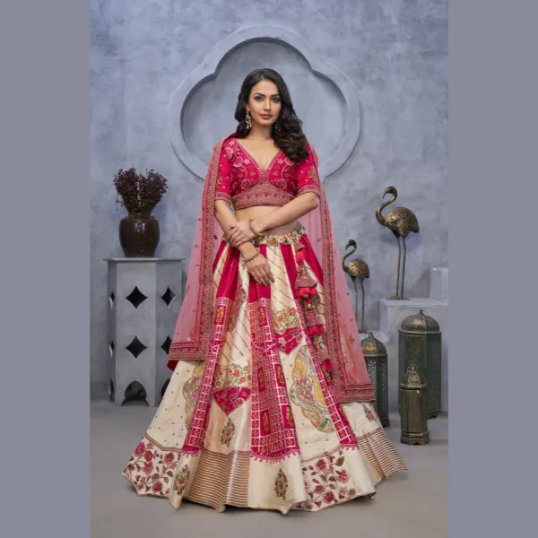 Regal Elegance: The Red and White Masterpiece Lehenga with Paisley Motifs and Sheer Pink Dupatta | Ready To Wear |