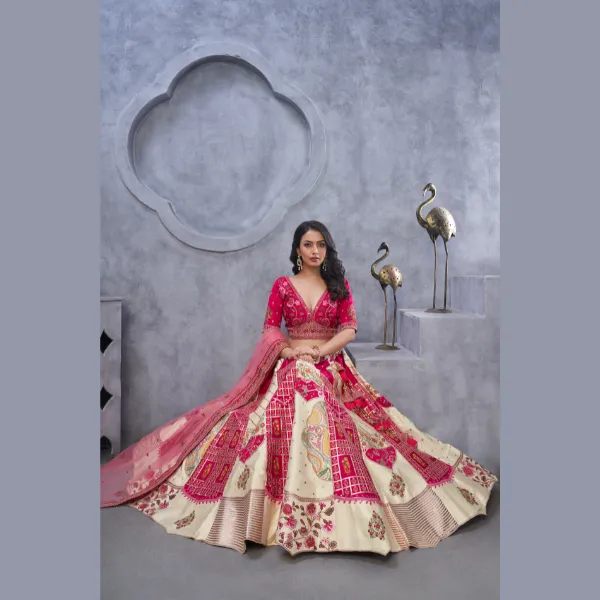 Regal Elegance: The Red and White Masterpiece Lehenga with Paisley Motifs and Sheer Pink Dupatta | Ready To Wear |