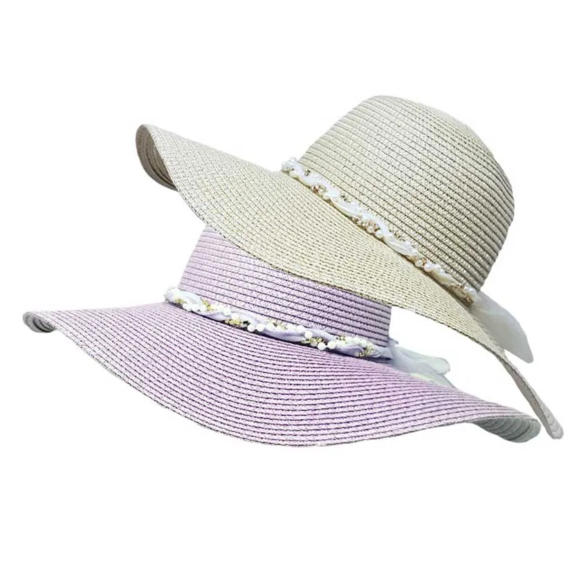 Rhinestone Pearl Twisted Bow Band Pointed Straw Sun Hat