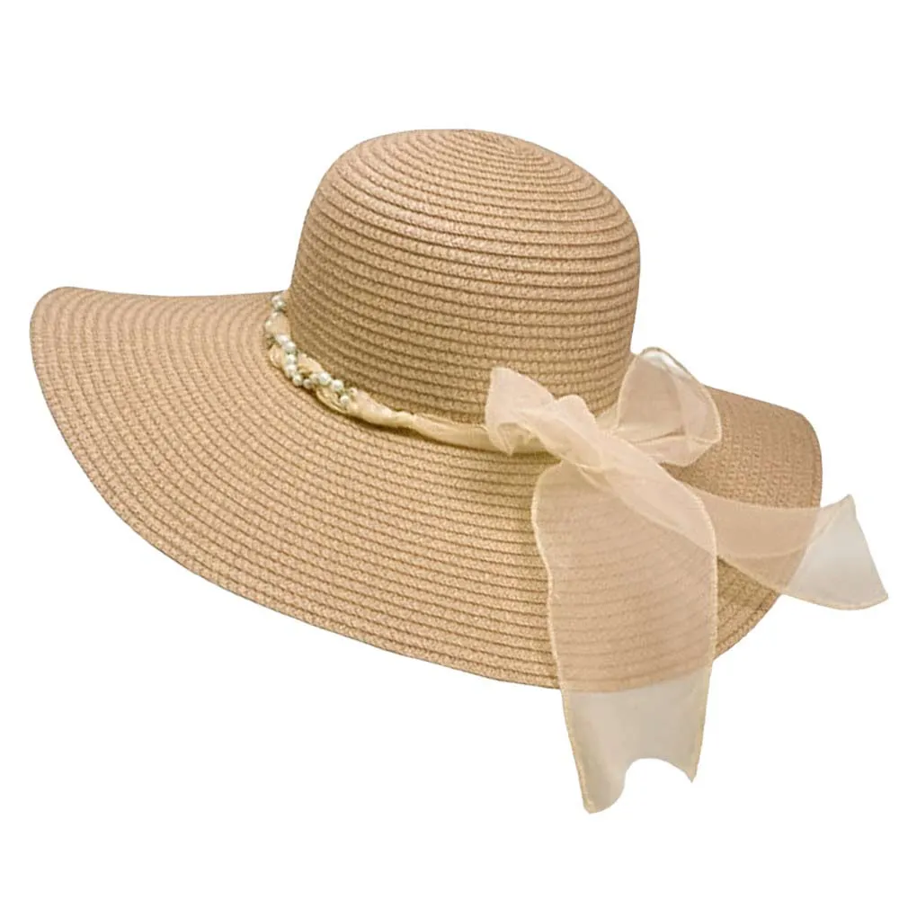 Rhinestone Pearl Twisted Bow Band Pointed Straw Sun Hat