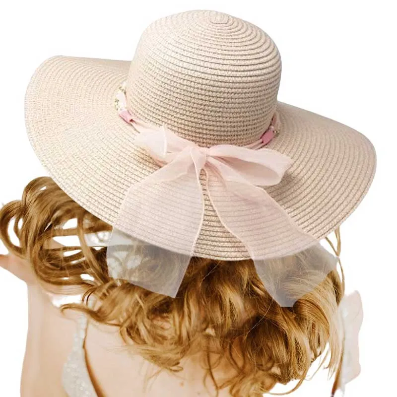 Rhinestone Pearl Twisted Bow Band Pointed Straw Sun Hat