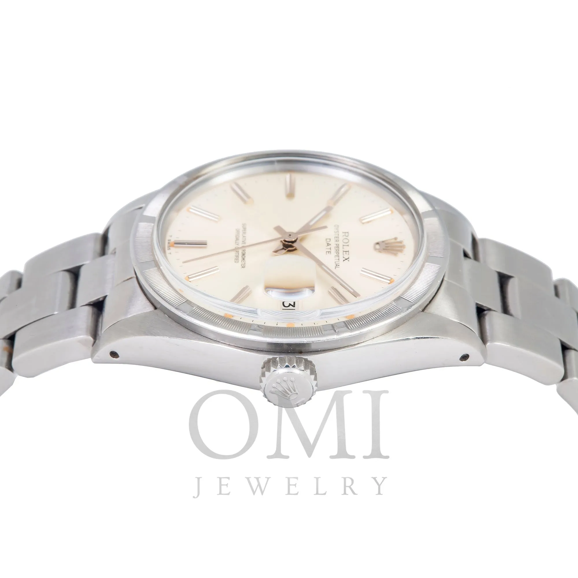 Rolex Oyster Perpetual Date 1500 34MM Silver Dial With Stainless Steel Engine Turned Bezel