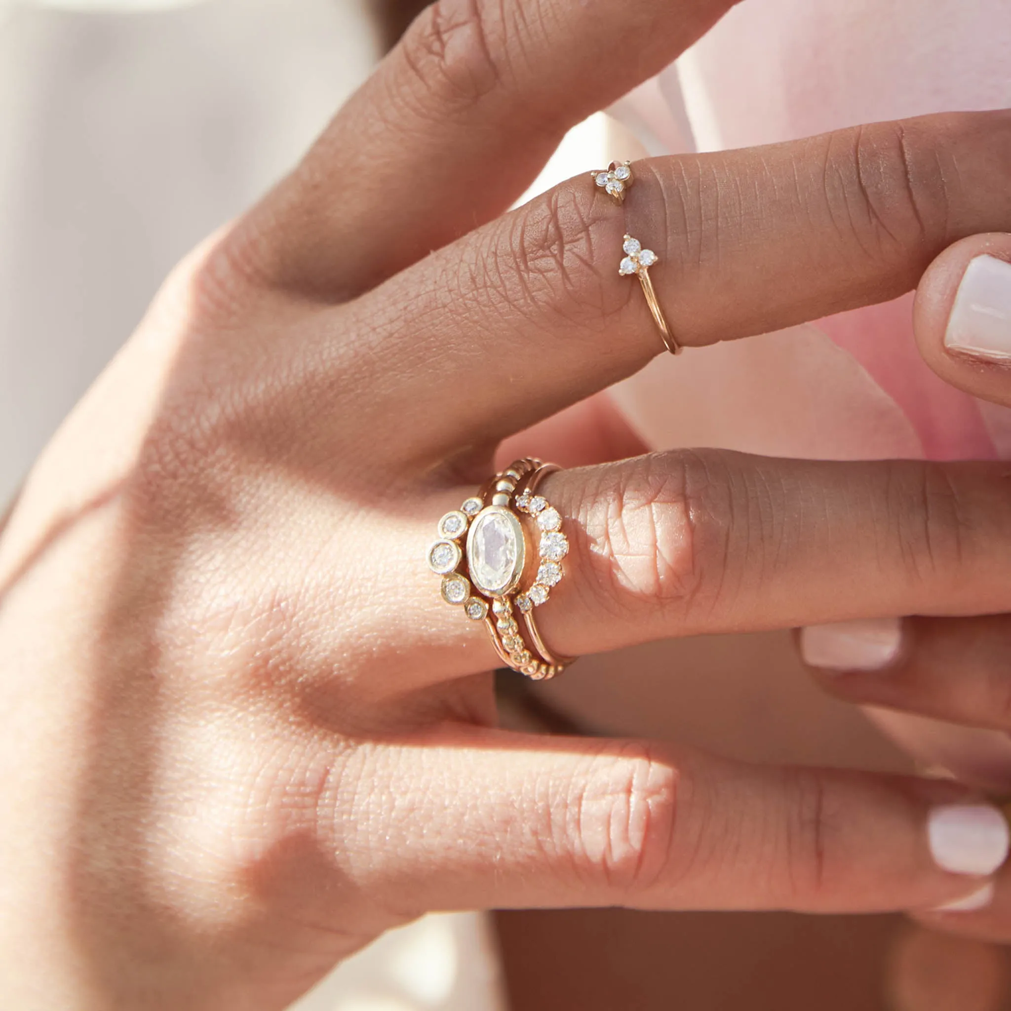 Rose Cut Oval Diamond Beaded Band Ring