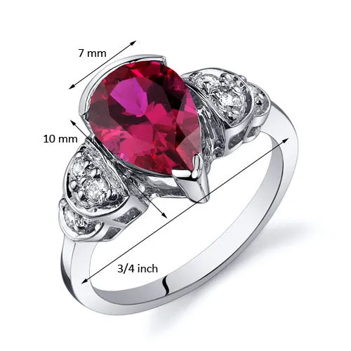 Ruby Tear Drop Ring Sterling Silver 2.50 Carats Size 7