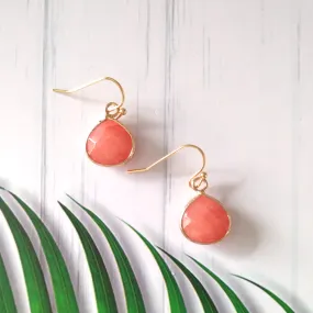 Salmon Pink Jade Single Gem Drop Hook Earrings