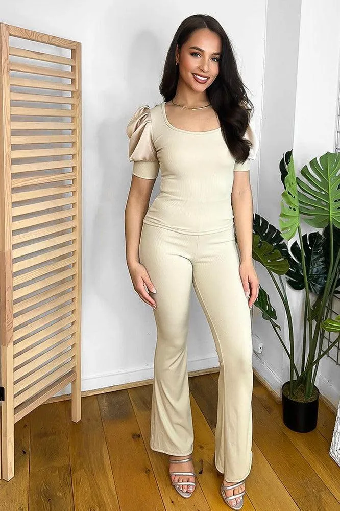 Satin Puff Sleeve Deep Neckline Top And Trousers Set